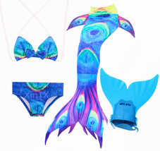 4PCS/Set Aqua Blue Swimmable Mermaid Tail With Monofin Girls Swimsuit Costume - £26.37 GBP