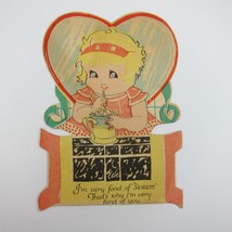 Vintage Valentine Die cut Blonde Girl Sipping on Cream Soda Fond of Sweets &amp; You - £6.38 GBP