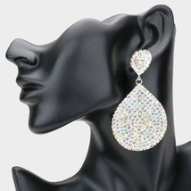 Silver Crystal Double Teardrop Rhinestone Stylish Formal Trendy Dangle Earrings - £22.15 GBP