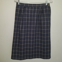 VTG Haberdashery Skirt Navy Blue Brown Plaid Career Wool 14 Petite Leslie Fay - £16.51 GBP