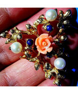 Coral Pearls Lapis Brooch Floral Design Deco Statement Solid 14k Gold 11... - $2,661.95 CAD