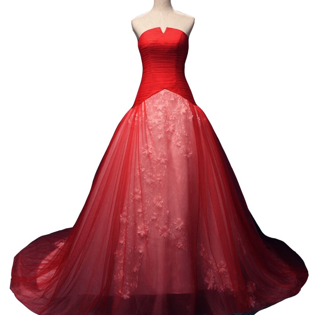 Kivary White and Red Long Floral Lace Inside Corset A Line Wedding Dresses Plus