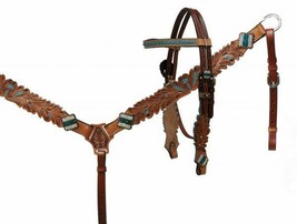 Western Saddle Horse Bling Turquoise Leather Tack Set Bridle + Breast Collar - £62.98 GBP