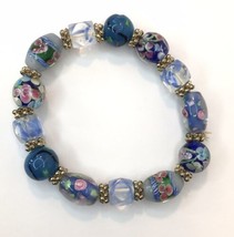 Glass Aqua Blue Beads Floral Lampwork Stretch Bracelet - £9.43 GBP