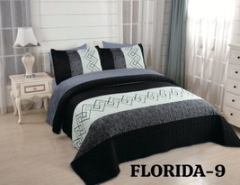 Florida Geometrical Black Velvet Texture Bedspread Quilted Set 6 Pcs Queen Size - £51.36 GBP