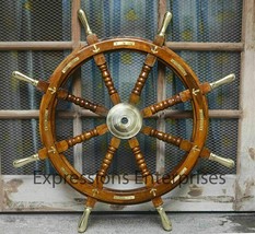 36&quot; Wooden Ship Wheel With Brass Handles, Brass Anchor Captains Wheel Wa... - €153,46 EUR