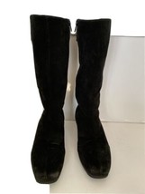 LA CANADIENNE Black Suede Knee High Boots Wedge Heels Side Zip Buckle SI... - £44.07 GBP