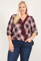 Women&#39;s Plaid 3/4 Sleeve Top With Hi-Lo Hem, V Neckline, And Relaxed Fit - £21.12 GBP