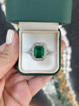 14k Solid White Gold Women&#39;s Wedding Ring 4.50Ct GRA Natural Emerald and Diamond - £489.01 GBP