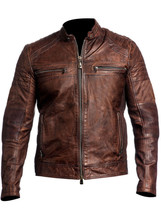 Men&#39;s Biker Vintage Distress Brown Cafe Racer Leather Jacket - £94.51 GBP