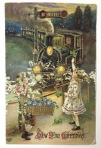 New Year Greetings Antique PC Children Waving at Train EAS Germany - £6.26 GBP