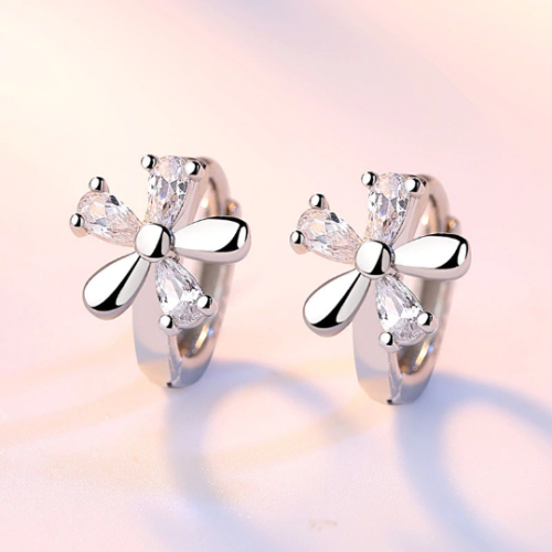 Primary image for 925 Sterling Silver Natural Flower Crystal Hoop Earrings - FAST SHIPPING!!!