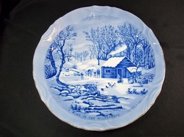 Currier & Ives cabinet plate blue white Home in the Wilderness gold rim 8" - $11.41
