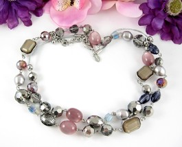 Chico&#39;s Glass Beaded Necklace Vintage Smokey Gray Faceted Pink Mirror Beads 42&quot; - £17.89 GBP