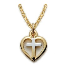 14K Gold over Sterling Silver Open Heart Pendant with Overlay Cross, 3/8 Inch - £94.07 GBP