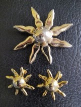 Vintage Large Sun Sunburst Brooch Pin &amp; Earrings Chrome Goldtone - £23.35 GBP