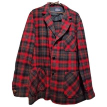 VTG Pendleton Sport Unlined Wool Jacket Red Gray Plaid Leather Buttons Mens L - £70.53 GBP