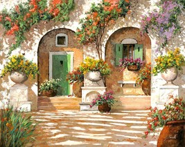 Tuscany Italy courtyard garden view ceramic tile mural backsplash medallion - £46.69 GBP+