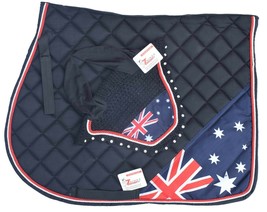 AUSTRALIA, NEW ZEALAND FLAG SADDLE PAD SET FLY VEIL HORSE EAR BONNET EQU... - £35.63 GBP