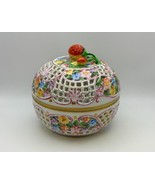 HEREND Hand Painted Floral Pierced Round Box with Lid &amp; Strawberry Handl... - £377.45 GBP