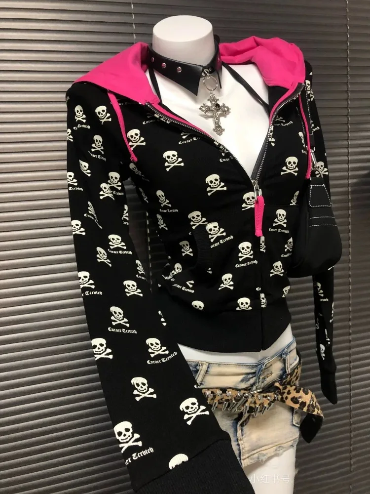 2000s Y2k Gothic Punk Skeleton Print Cardigan Contrast Hooded Jacket - $304.26 MXN