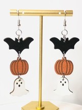 Halloween Earrings Wooden Dangle ghost bat pumpkin Spooky NEW - £6.29 GBP