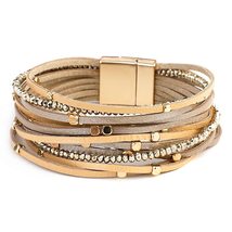 Champagne Genuine Leather Bracelets for Women Boho Multilayer Metal Charm Resin  - £14.16 GBP