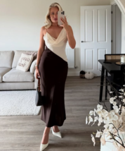 ZARA BNWT 2025. ECRU BROWN CONTRAST MIDI DRESS STRAPS VISCOSE. 5029/185/086 - $94.71