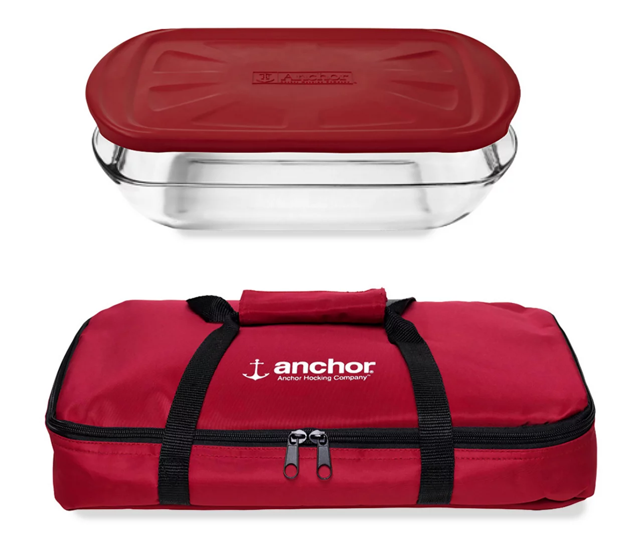 Primary image for NEW Anchor Hocking 3 PC Bake & Take Set red w/ 9x13 glass baking dish, lid & bag