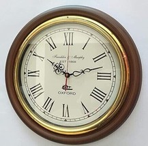 16 inch Round Brass Ring Wooden Wall Clock Vintage Home Decorative Dark Brown - £61.03 GBP