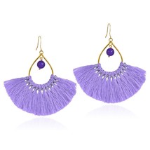 Chic Fan Shaped Purple Tassels with Amethyst Bead Accent Brass Dangle Earrings - £9.33 GBP