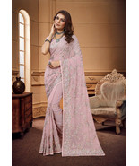 Designer Dusty Pink Heavy Resham Embroidery Work Sari Georgette Party We... - $88.95
