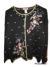 Tiara Floral Embroidered Button Down Sweater Size Large Black Pink Blue ... - $425.24 MXN