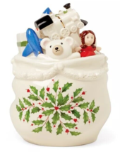 Lenox Holiday Toy Sack Cookie Treat Jar Figural Lid Doll Bear Holly 9.25... - $54.90