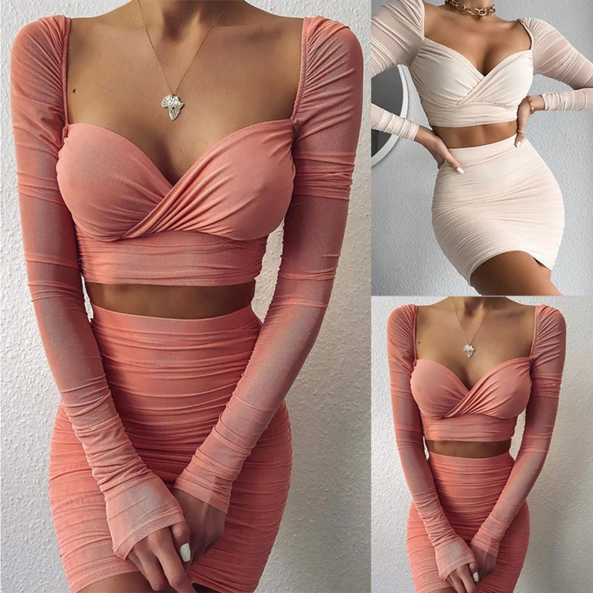 Two Piece Skirt Set Folds Short Skirt Splice V Neck Slim Fit Crop Top So... - $29.95
