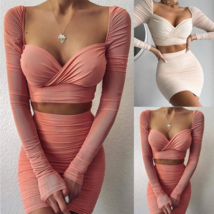 Two Piece Skirt Set Folds Short Skirt Splice V Neck Slim Fit Crop Top Solid Midi - £22.39 GBP