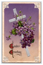 Easter Greetings Foiled Cross Violet Flower Blossoms John Winsch DB Postcard R26 - £3.19 GBP