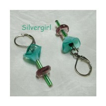 Single Stem Green Purple Flower Dangling Earrings  - £7.91 GBP