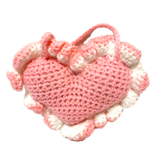 Vintage Handmade Crocheted Plush Pink White Heart Door Knob Hanger Ruffl... - $12.45