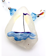 Vintage Painted Sailboat Frosted Sea Glass Illusion Pendant Necklace - $24.36 CAD