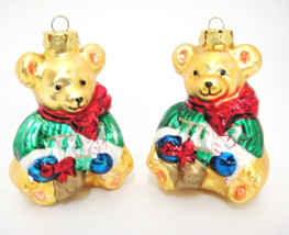 Figural Mercury Glass 2 Gold Bears Green Sweater 4&quot; Christmas Ornament G... - $9.89