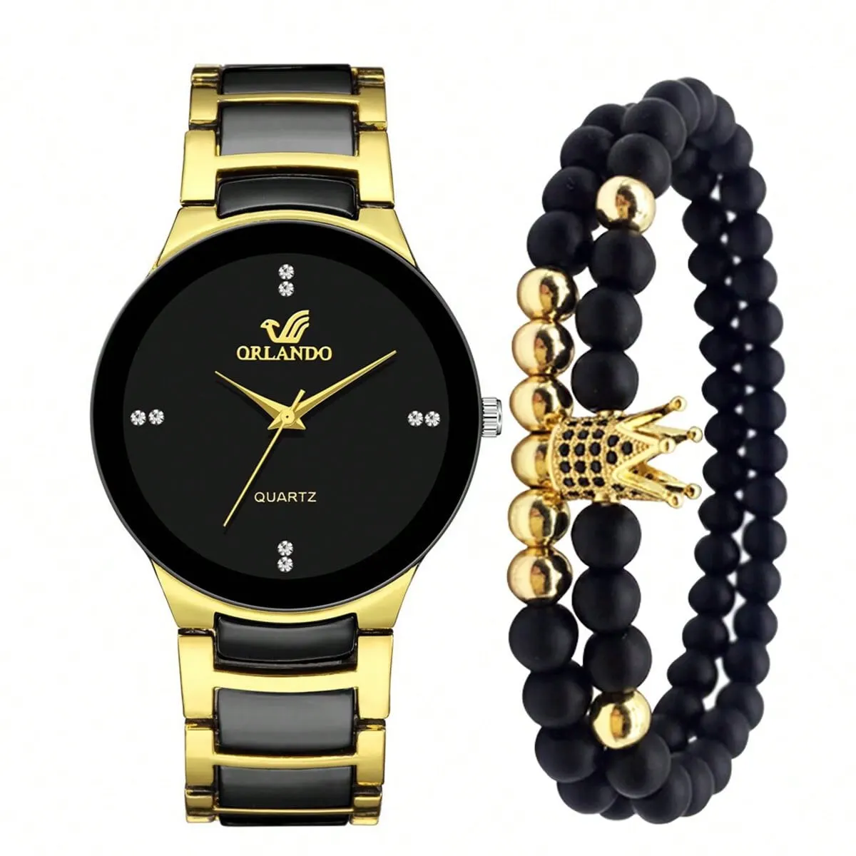 3PCs Men&#39;s Personality Room   Graduated Steel  Watch+ Crown Bead String celet Se - £41.77 GBP