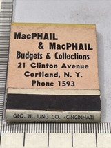 Rare Matchbook  MacPhail &amp; MacPhail  Budgets &amp; Collections  Cortland, NY  gmg - £22.90 GBP