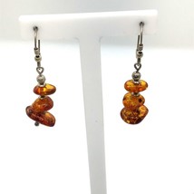 Vintage Sterling Silver Handmade Amber Stone Bead Dangle Leverback Earrings - £30.38 GBP