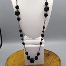 Vintage Avon Black Beads on Gunmetal Chain Necklace, Gothic Floating Stations - £25.52 GBP