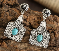 Cow Ear Tag Earrings Silver and Turquoise - £11.79 GBP