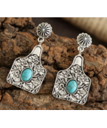 Cow Ear Tag Earrings Silver and Turquoise - £11.78 GBP
