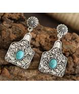 Cow Ear Tag Earrings Silver and Turquoise - £11.93 GBP