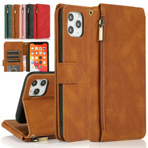 For iPhone 11 12 Pro Max 7 8+ XS XR SE2 Zipper Wallet Leather Stand Case Cover - £44.79 GBP