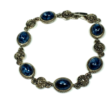 Silver Tone Ornate Dark Blue Plastic Cabochon Bracelet - £12.58 GBP